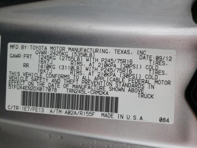 5TFUX4EN2DX017078 - 2013 TOYOTA TACOMA ACCESS CAB ვერცხლისფერი ფოტო 13