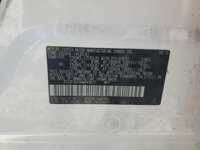 2T3ZF4DV9AW049617 - 2010 TOYOTA RAV4 WHITE photo 13