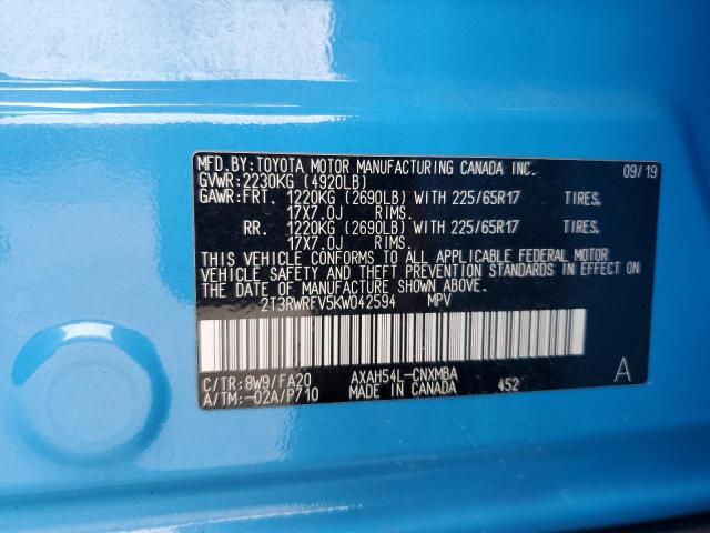 2T3RWRFV5KW042594 - 2019 TOYOTA RAV4 XLE BLUE photo 14