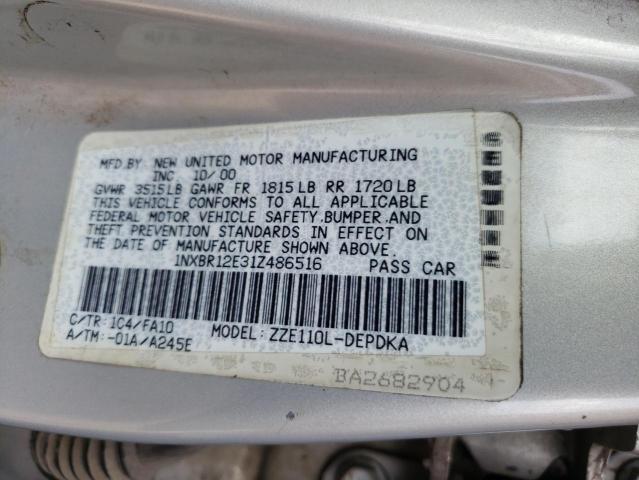 1NXBR12E31Z486516 - 2001 TOYOTA COROLLA CE SILVER photo 12