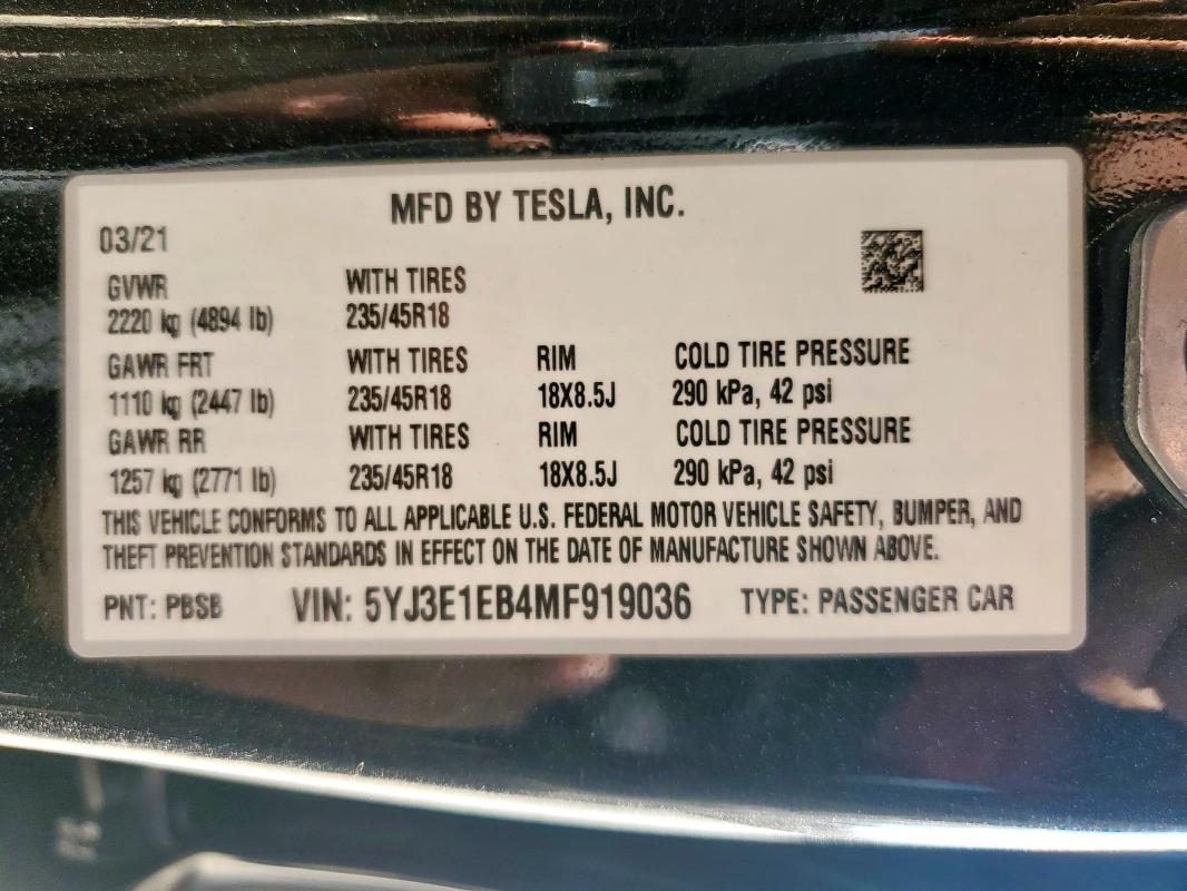 5YJ3E1EB4MF919036 - 2021 TESLA MODEL 3 შავი ფოტო 12