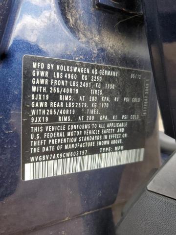 WVGBV7AX9CW603797 - 2012 VOLKSWAGEN TIGUAN S BLUE photo 12