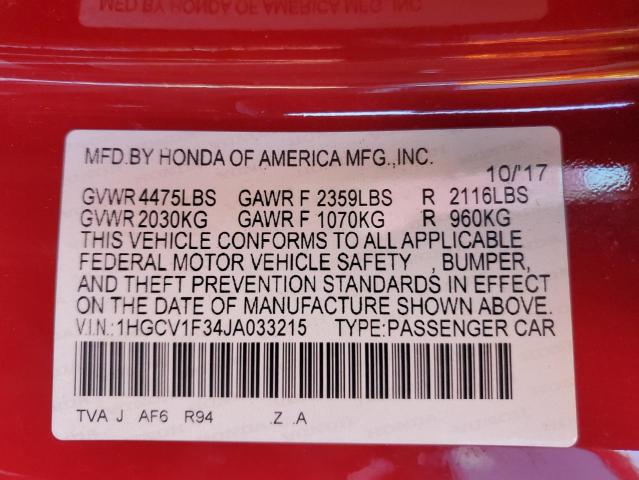 1HGCV1F34JA033215 - 2018 HONDA ACCORD SPORT 红色 照片 12