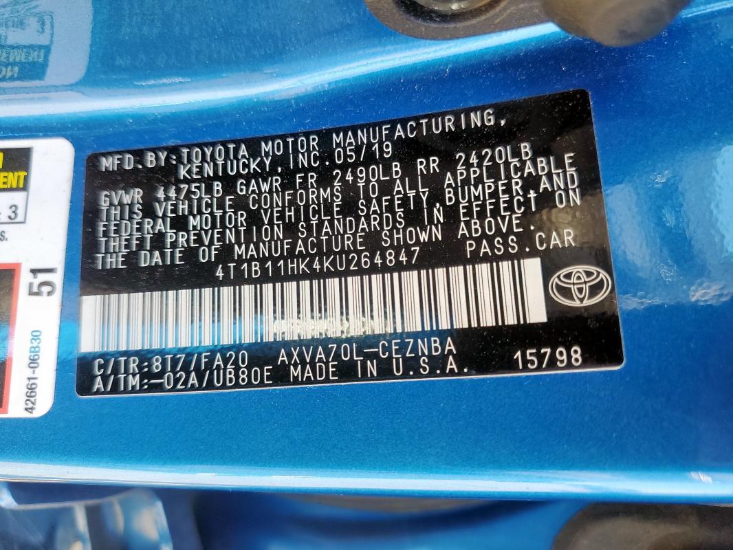 4T1B11HK4KU264847 - 2019 TOYOTA CAMRY L 蓝色 照片 12