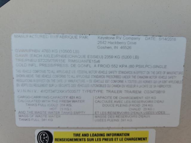 4YDT34T2XKV503577 - 2019 COUGAR TRAV TRAIL TWO TONE photo 10