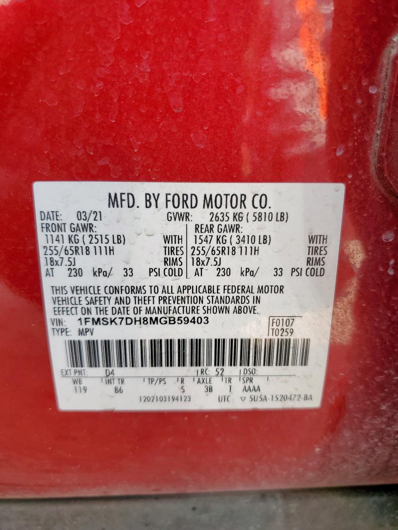 1FMSK7DH8MGB59403 - 2021 FORD EXPLORER XLT წითელი ფოტო 13