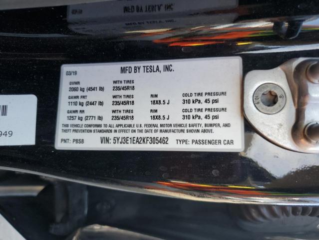 5YJ3E1EA2KF305462 - 2019 TESLA MODEL 3 Negro foto 12