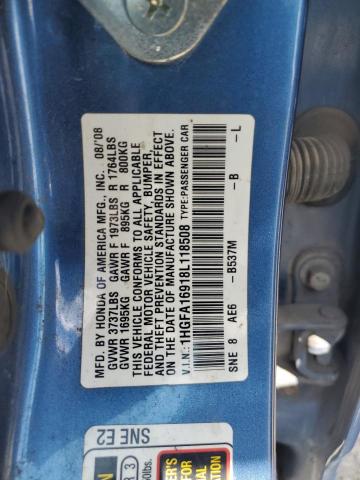 1HGFA16918L118508 - 2008 HONDA CIVIC EXL BLUE photo 12