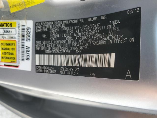 5TDYK3DC6CS235796 - 2012 TOYOTA SIENNA XLE Szary zdjęcie 13