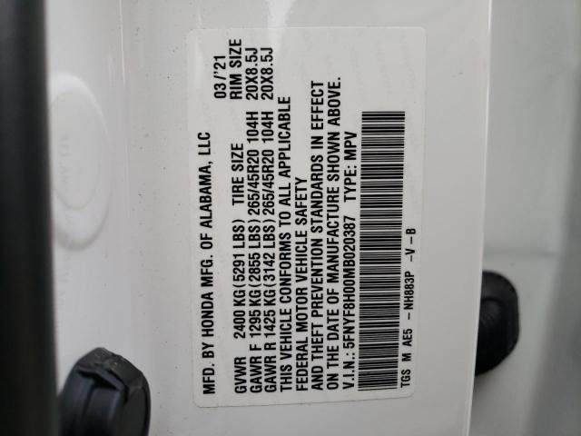 5FNYF8H00MB020387 - 2021 HONDA PASSPORT ELITE WHITE photo 12