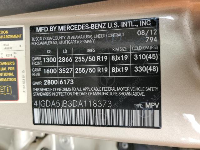 4JGDA5JB3DA118373 - 2013 MERCEDES-BENZ ML 350 金色 照片 13
