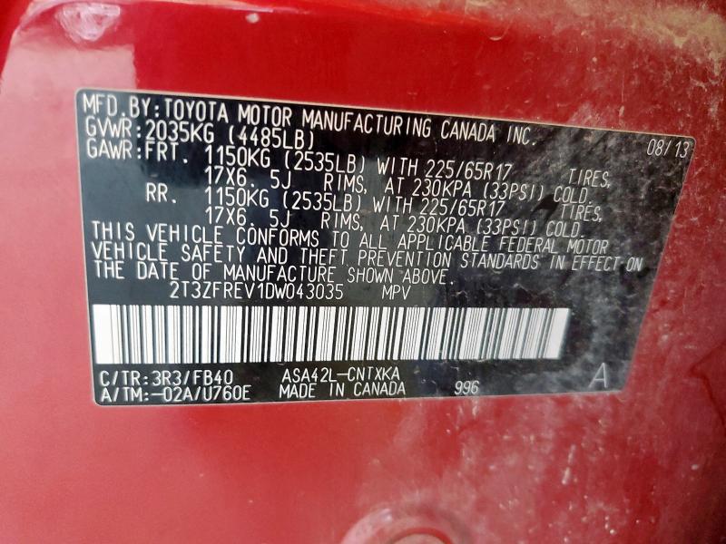 2T3ZFREV1DW043035 - 2013 TOYOTA RAV4 LE 红色 照片 13