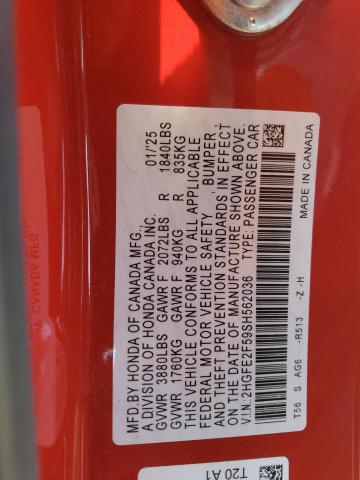 2HGFE2F59SH562036 - 2025 HONDA CIVIC SPORT RED photo 12