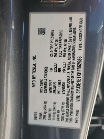 5YJ3E1ETXRF862986 - 2024 TESLA MODEL 3 灰色 照片 13