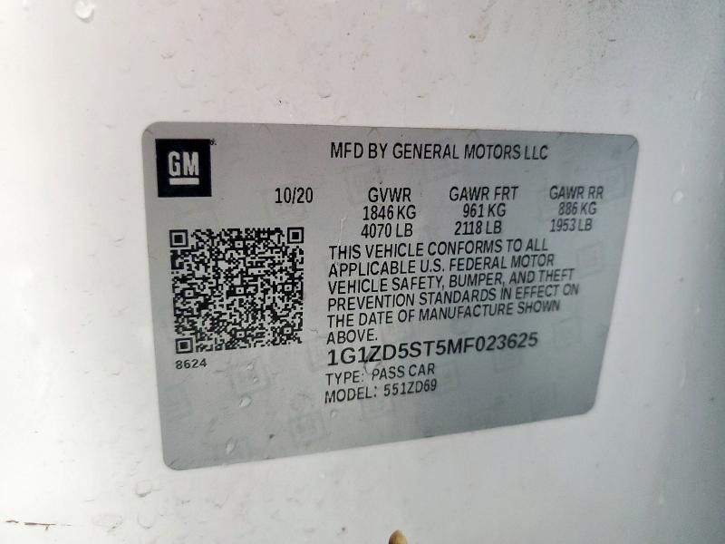 1G1ZD5ST5MF023625 - 2021 CHEVROLET MALIBU LT თეთრი ფოტო 12