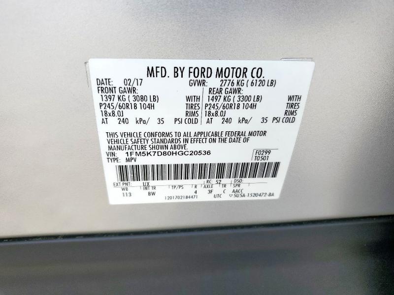 1FM5K7D80HGC20536 - 2017 FORD EXPLORER XLT Күміс фото 14