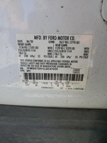 1FMSK7DH1LGC41035 - 2020 FORD EXPLORER XLT Weiß Foto 14