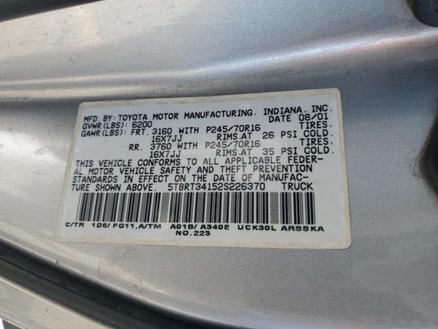 5TBRT34152S226370 - 2002 TOYOTA TUNDRA ACCESS CAB Srebrny zdjęcie 12