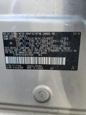 2T3RFREV2EW147695 - 2014 TOYOTA RAV4 XLE SILVER photo 13