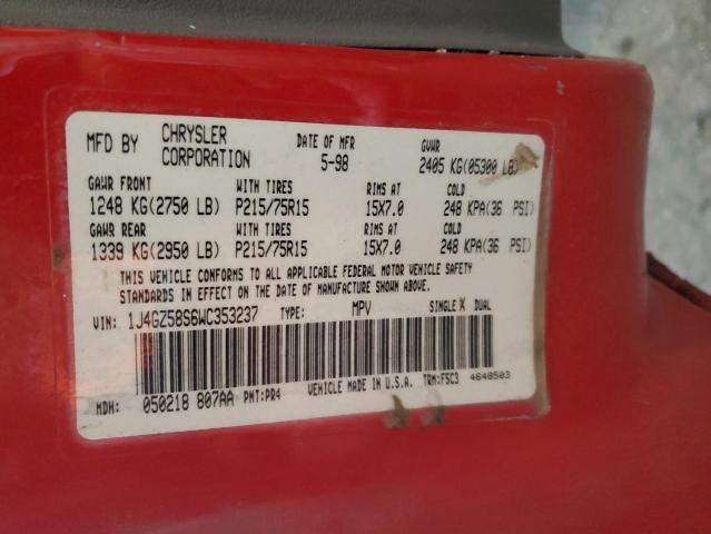 1J4GZ58S6WC353237 - 1998 JEEP GRAND CHEROKEE LAREDO Czerwony zdjęcie 13