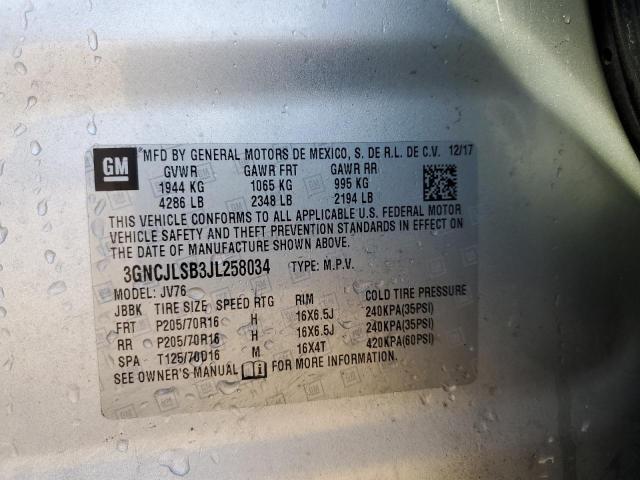 3GNCJLSB3JL258034 - 2018 CHEVROLET TRAX 1LT SILVER photo 12