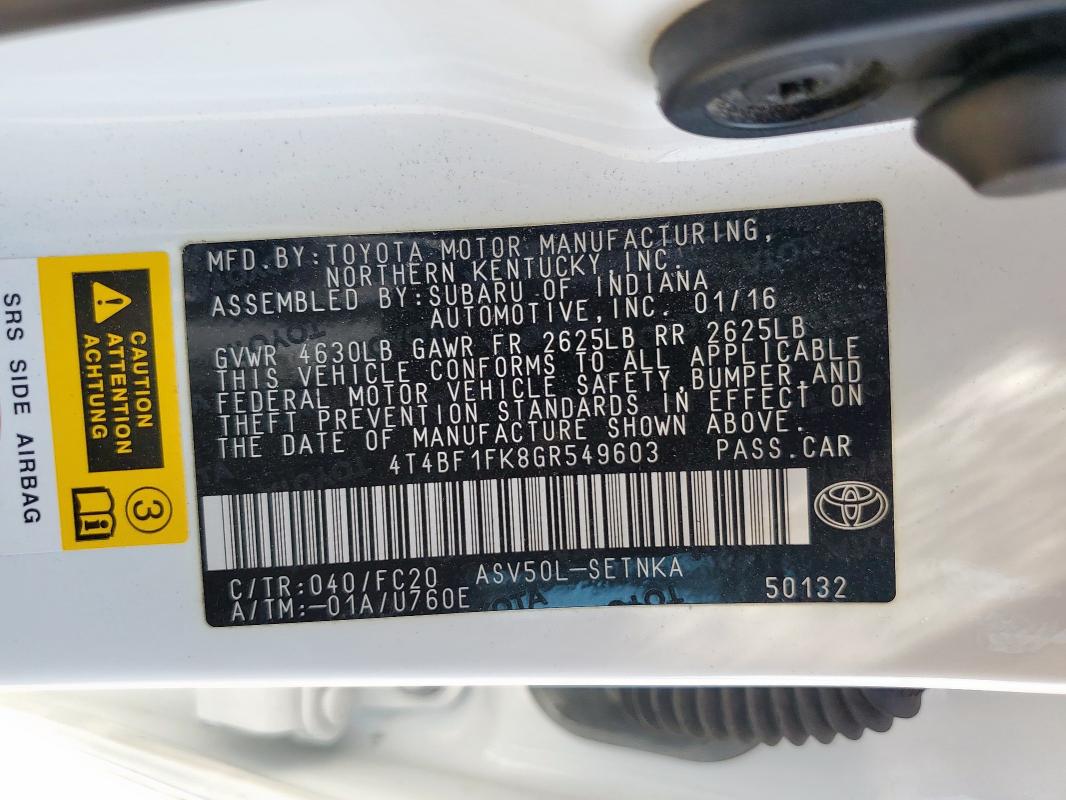 4T4BF1FK8GR549603 - 2016 TOYOTA CAMRY LE WHITE photo 12