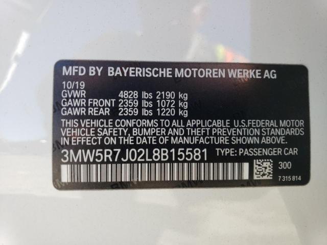 3MW5R7J02L8B15581 - 2020 BMW 330XI WHITE photo 12