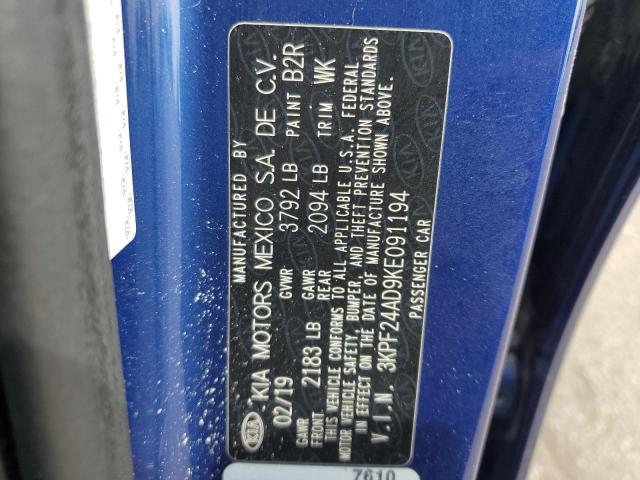 3KPF24AD9KE091194 - 2019 KIA FORTE FE Niebieski zdjęcie 12
