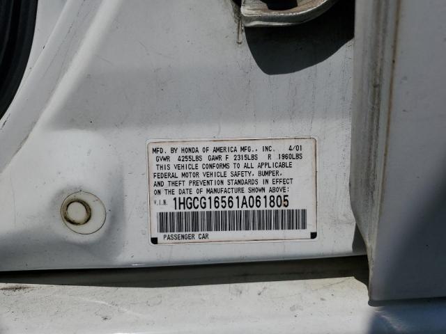 1HGCG16561A061805 - 2001 HONDA ACCORD EX WHITE photo 12