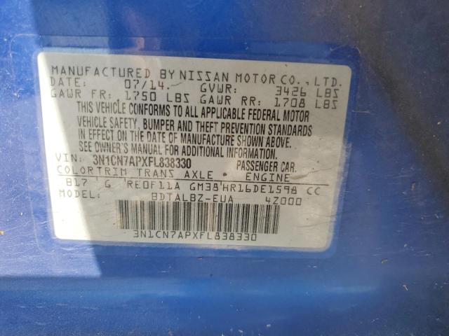 3N1CN7APXFL838330 - 2015 NISSAN VERSA S BLUE photo 12