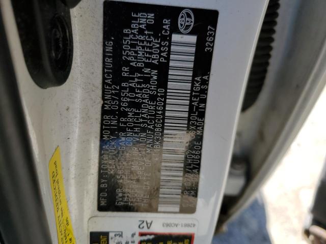 4T1BK3DB6CU460210 - 2012 TOYOTA AVALON BASE 白色 照片 12