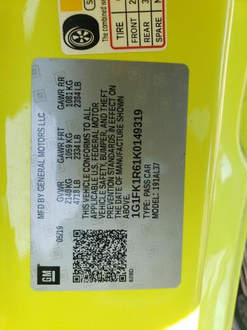 1G1FK1R61K0149319 - 2019 CHEVROLET CAMARO ZL1 YELLOW photo 12