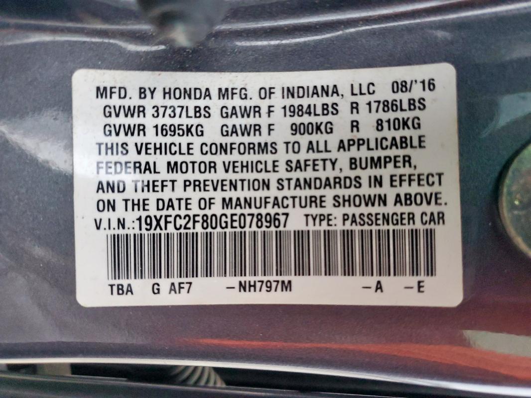 19XFC2F80GE078967 - 2016 HONDA CIVIC EX ნაცრისფერი ფოტო 13