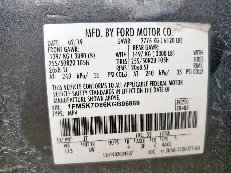 1FM5K7D86KGB06869 - 2019 FORD EXPLORER XLT CHARCOAL photo 13