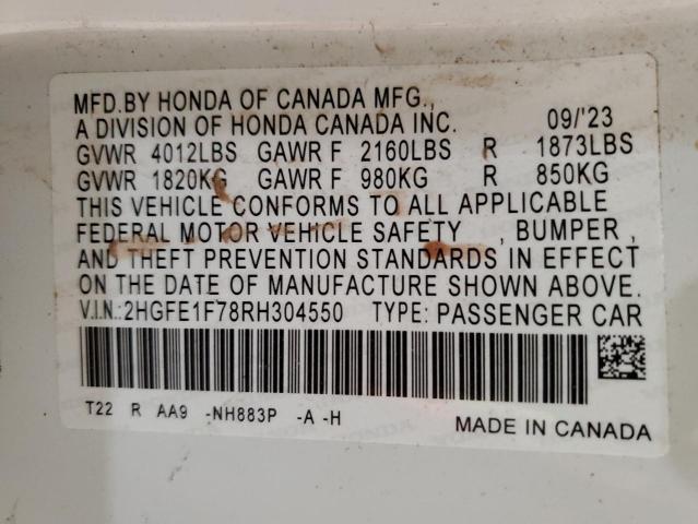 2HGFE1F78RH304550 - 2024 HONDA CIVIC EX WHITE photo 12