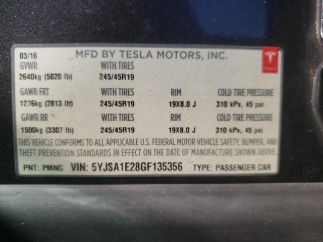 5YJSA1E28GF135356 - 2016 TESLA MODEL S Gris foto 12