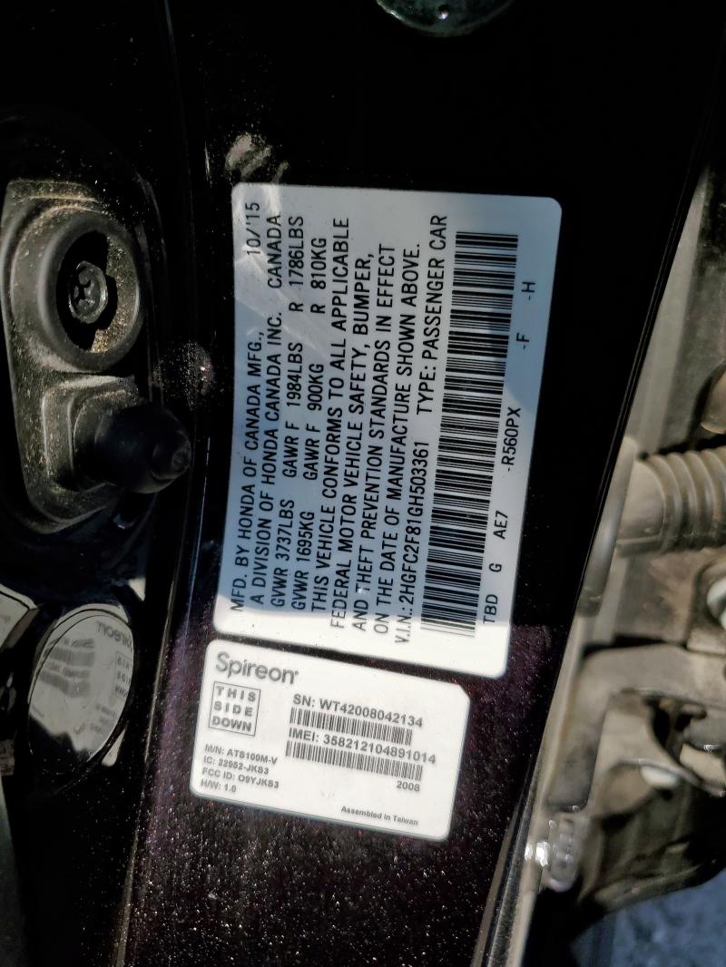 2HGFC2F81GH503361 - 2016 HONDA CIVIC EX BLACK photo 12