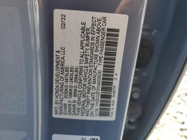 1HGCV2F31NA005030 - 2022 HONDA ACCORD SPORT GRAY photo 12