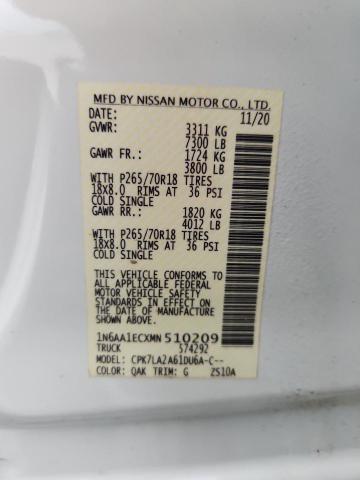 1N6AA1ECXMN510209 - 2021 NISSAN TITAN S WHITE photo 12