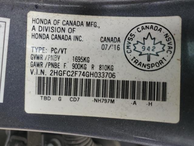 2HGFC2F74GH033706 - 2016 HONDA CIVIC EX ნაცრისფერი ფოტო 12