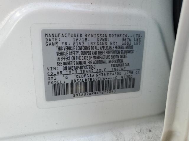 3N1AB7AP4KY277040 - 2019 NISSAN SENTRA S WHITE photo 12