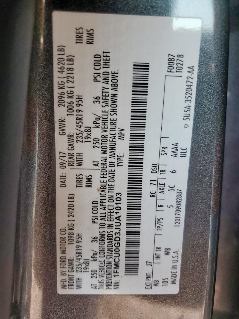 1FMCU0GD3JUA10103 - 2018 FORD ESCAPE SE Gri fotoğraf 14