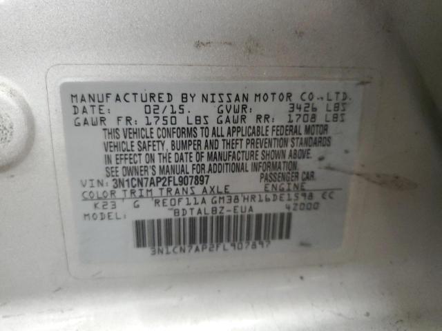 3N1CN7AP2FL907897 - 2015 NISSAN VERSA S Күміс фото 12