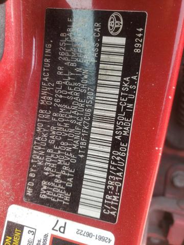 4T1BF1FK7CU615207 - 2012 TOYOTA CAMRY BASE BURGUNDY photo 12