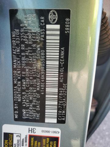 4T4BE46K99R059680 - 2009 TOYOTA CAMRY BASE GREEN photo 12