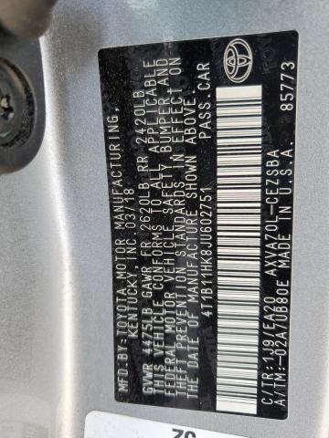 4T1B11HK8JU602751 - 2018 TOYOTA CAMRY L 银色 照片 12