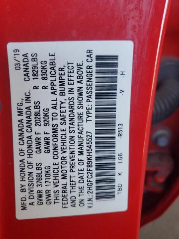 2HGFC2F89KH545527 - 2019 HONDA CIVIC SPORT Красный фото 12
