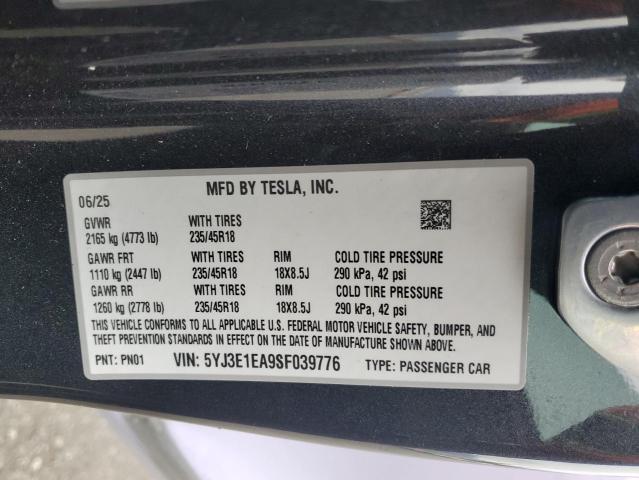 5YJ3E1EA9SF039776 - 2025 TESLA MODEL 3 GRAY photo 12