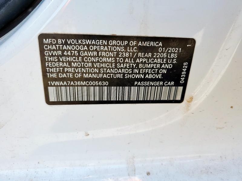 1VWAA7A36MC005630 - 2021 VOLKSWAGEN PASSAT S Білий фото 12