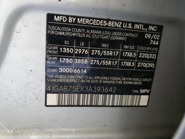 4JGAB75EX3A393642 - 2003 MERCEDES-BENZ ML 500 ვერცხლისფერი ფოტო 13